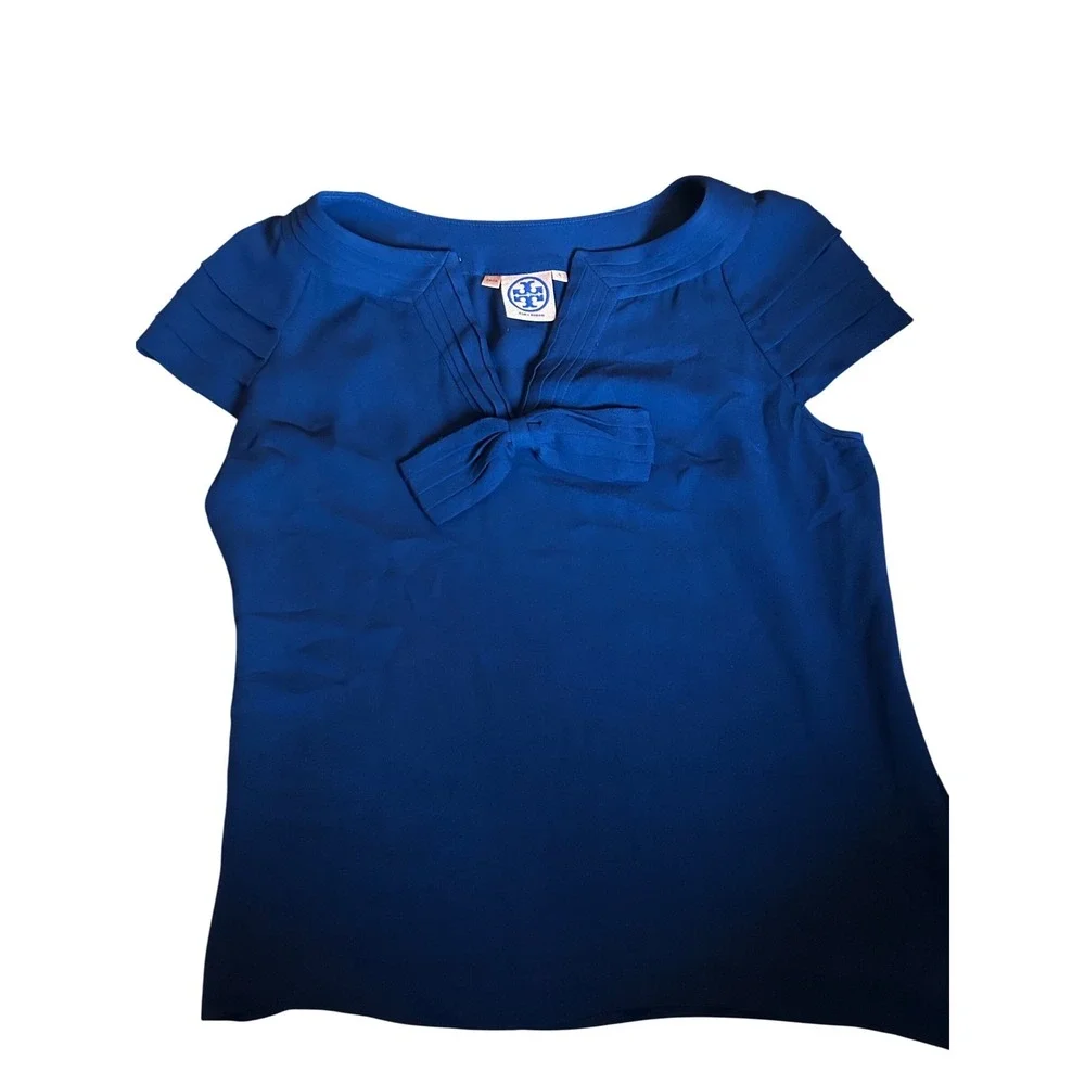 Tory Burch Silk Bow Blouse Womens 4 Navy Blue Excellent Pleated Cap Sleeve Top‎
